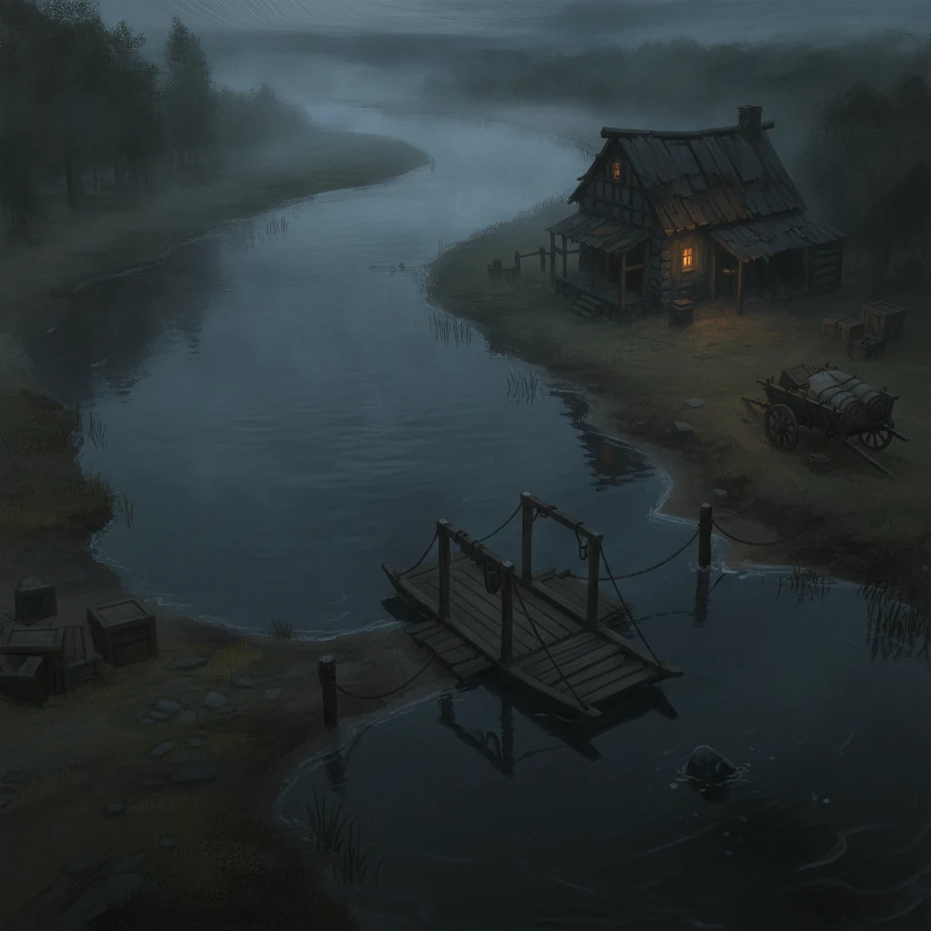Обложка дела «Тихая вода» — речная переправа, паром, кабак у воды